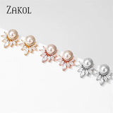 Round Pearl Stud Earrings CZ Leaf Earring Wedding