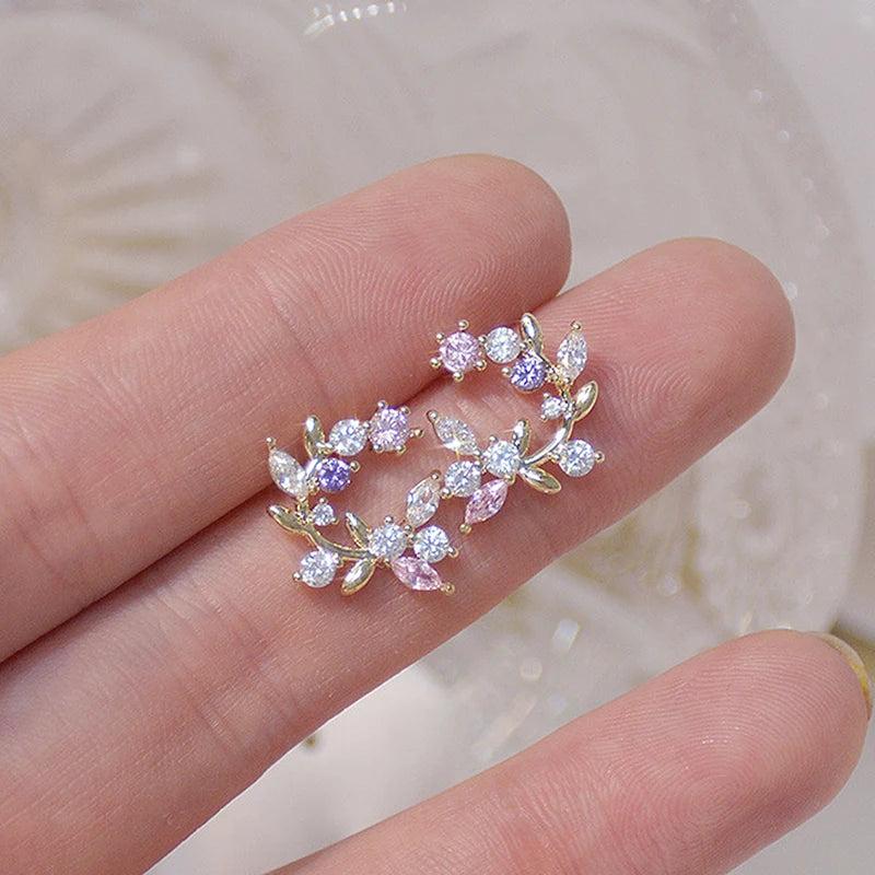 Korea Jewelry 14K Plated Leaf Zircon Earrings