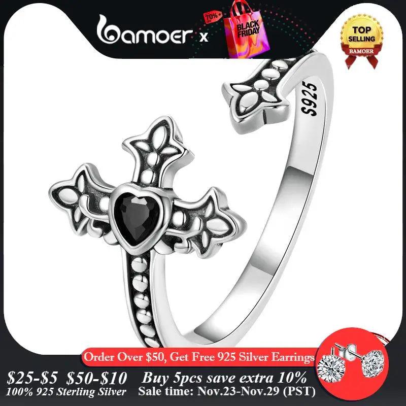 Vintage Faith Cross Ring 925 Silver Zircon Pattern Open Ring for Women