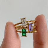 Colorful CZ Square Rings Stainless Steel Braid Ring