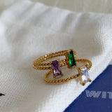 Colorful CZ Square Rings Stainless Steel Braid Ring