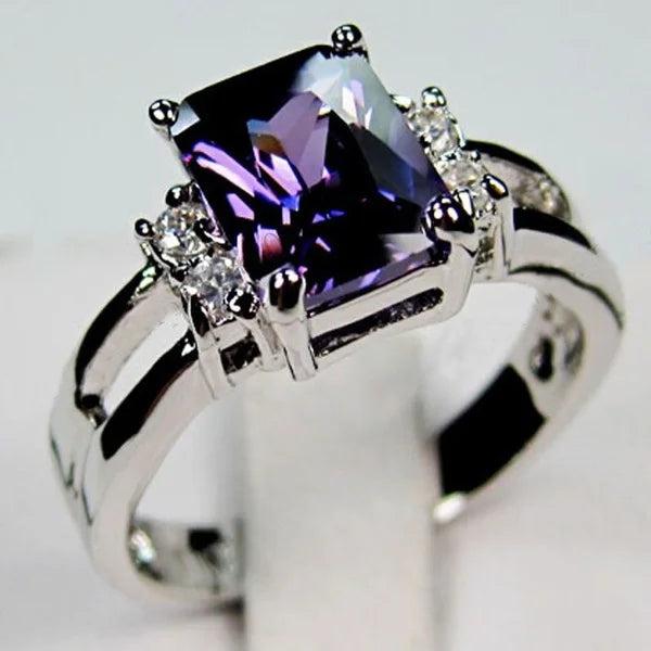 Large Square Amethyst CZ Rhinestone Ring Women's Party Jewelry