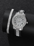 3PCS Set Rhinestone Watches Women Crystal Quartz Bracelet Wristwatch