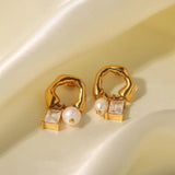 Vintage Charm Zircon Pearl Drop Earrings 18K Plated Jewelry
