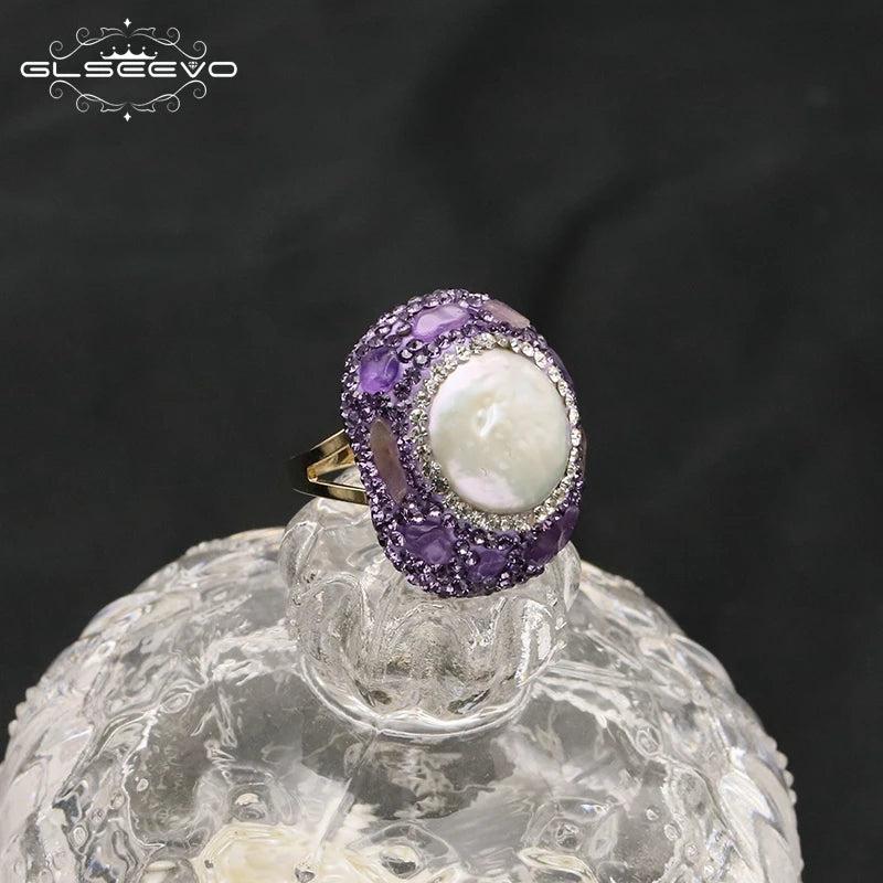 Baroque Freshwater Pearl Ring Purple Crystal Gemstone Women's Jewelry Gift
