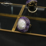 Baroque Freshwater Pearl Ring Purple Crystal Gemstone Women's Jewelry Gift