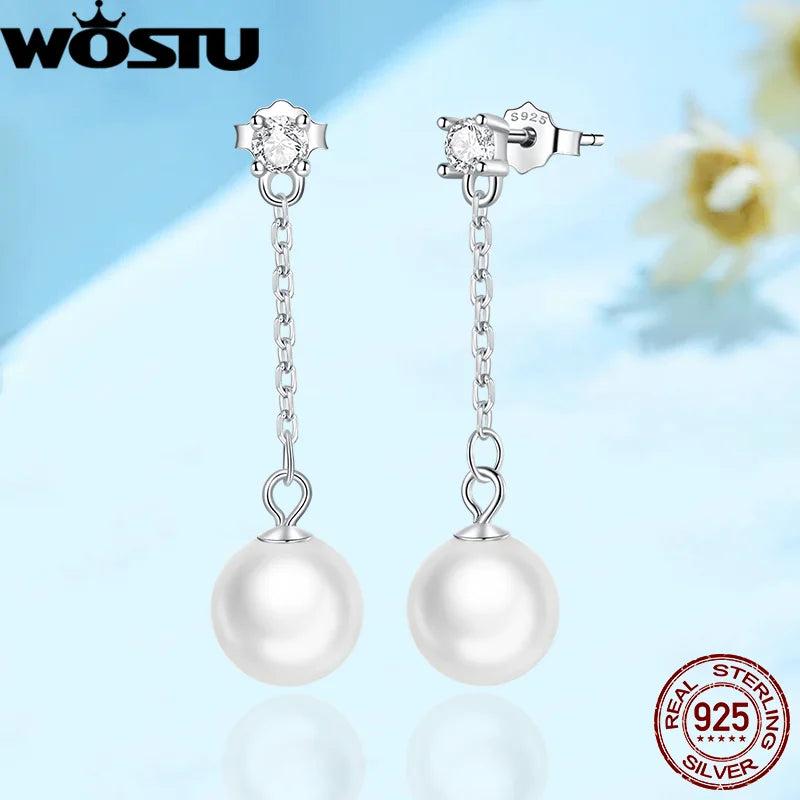 Wostu 925 Silver Pearl Tassel Earrings Wedding Jewelry