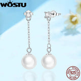 Wostu 925 Silver Pearl Tassel Earrings Wedding Jewelry