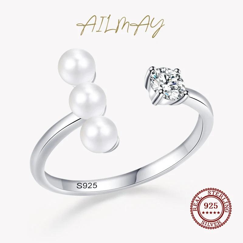 925 Silver Round Pearl Opening Rings For Women