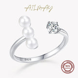 925 Silver Round Pearl Opening Rings For Women