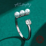 925 Silver Round Pearl Opening Rings For Women