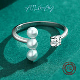 925 Silver Round Pearl Opening Rings For Women