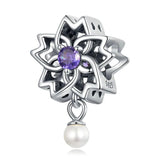 925 Silver Moon Tassel Purple CZ Charm Pearl Pendant
