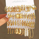 24 Pairs Gold Pearl Hoop Earrings Set Dangle Vintage Circle Geometric Twist