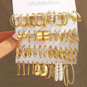24 Pairs Gold Pearl Hoop Earrings Set Dangle Vintage Circle Geometric Twist