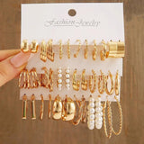 24 Pairs Gold Pearl Hoop Earrings Set Dangle Vintage Circle Geometric Twist