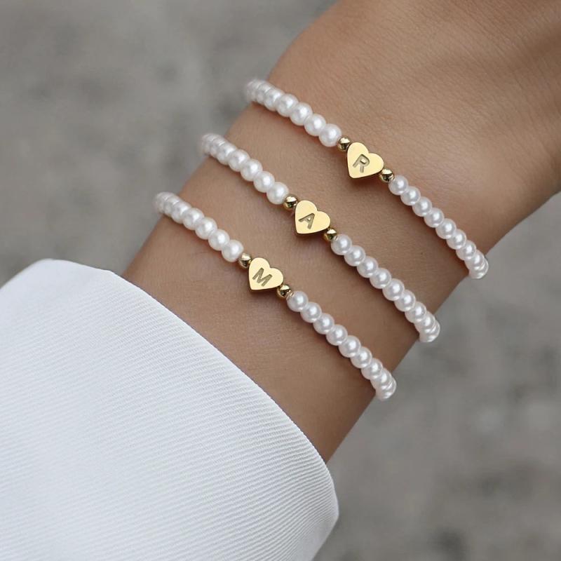 A-Z Heart Initial Letter Bracelet Women Pearl Bead Jewelry Gift