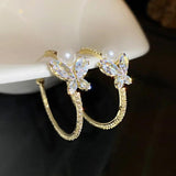 Golden Hoop Butterfly Pearl Earrings Women's Jewelry GG