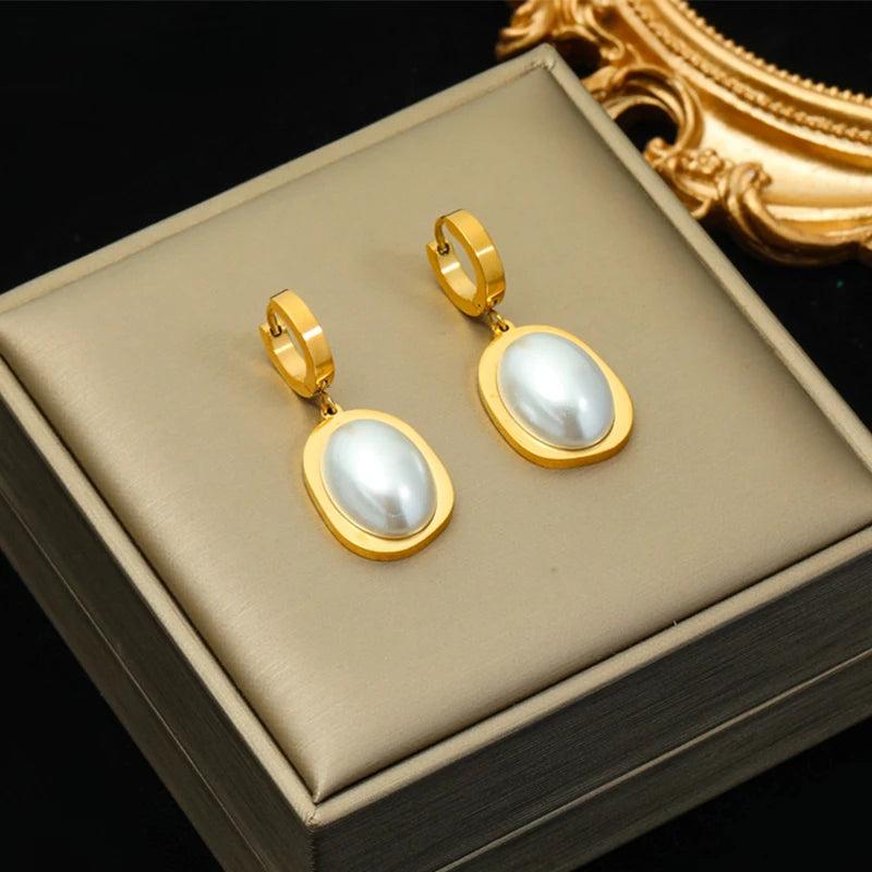 316L Stainless Steel Oval Pearl Earrings Waterproof Jewelry