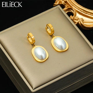 316L Stainless Steel Oval Pearl Earrings Waterproof Jewelry