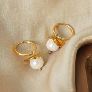 Minar Glass Pearl Hoop Earrings for Women 18K PVD Plated Titanium Steel