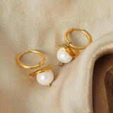 Minar Glass Pearl Hoop Earrings for Women 18K PVD Plated Titanium Steel