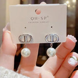 Metal Letter Pearl Earrings S925 Silver Needle Fashionable Style