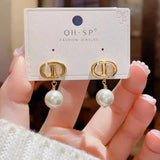 Metal Letter Pearl Earrings S925 Silver Needle Fashionable Style