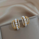 Women's Pearl Crystal C Hoop Earrings Stainless Steel Party Jewelry