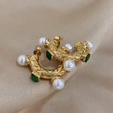 Women's Pearl Crystal C Hoop Earrings Stainless Steel Party Jewelry