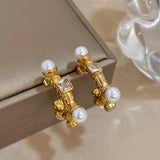 Women's Pearl Crystal C Hoop Earrings Stainless Steel Party Jewelry