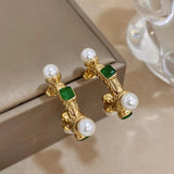Women's Pearl Crystal C Hoop Earrings Stainless Steel Party Jewelry