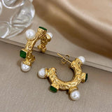 Women's Pearl Crystal C Hoop Earrings Stainless Steel Party Jewelry