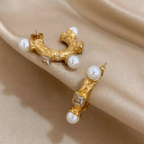 Women's Pearl Crystal C Hoop Earrings Stainless Steel Party Jewelry