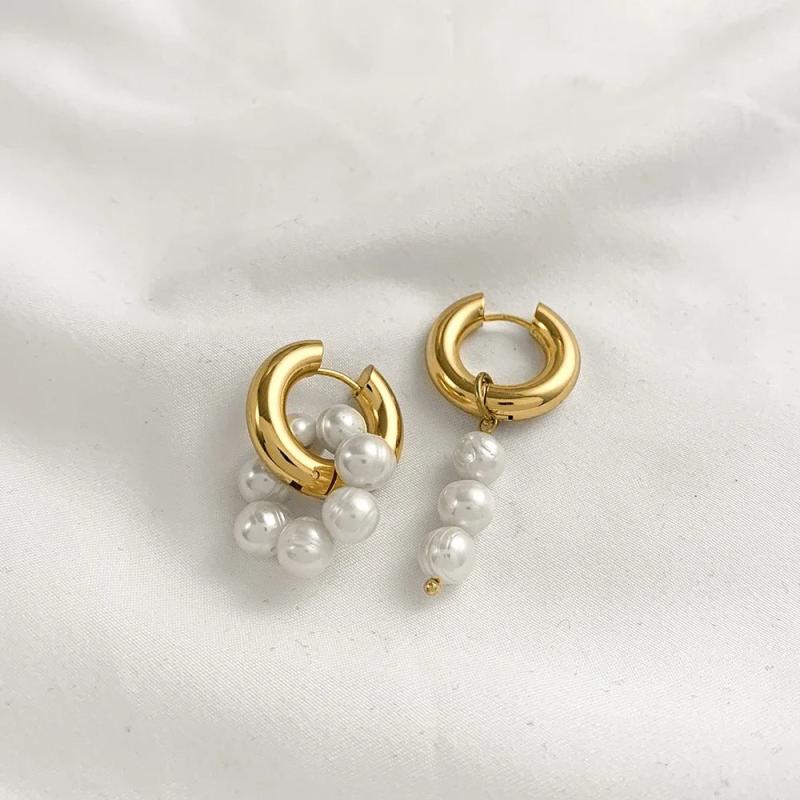 Natural Pearls Dangle Earrings Stainless Steel Huggie Hoops