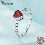 925 Silver Burgundy Vintage Red Heart Ring Women Anniversary Gift