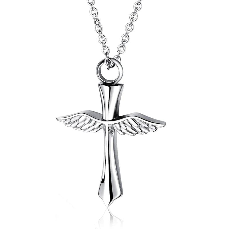 Cross Wings Cremation Necklace for Ashes Stainless Steel Pendant