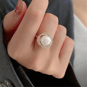 Micro Pave Zircon Flower Twist Big Pearl Rings For Women Jewelry