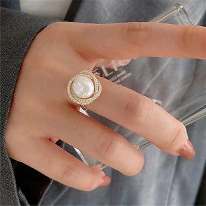 Micro Pave Zircon Flower Twist Big Pearl Rings For Women Jewelry
