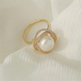 Micro Pave Zircon Flower Twist Big Pearl Rings For Women Jewelry