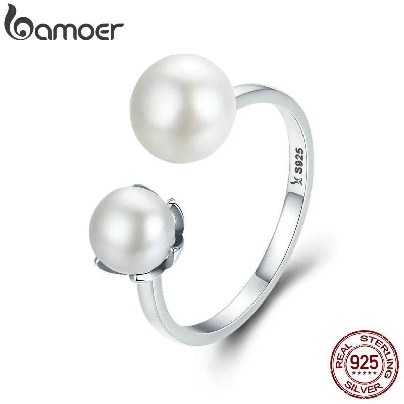 925 Silver Double Shell Pearl Adjustable Ring for Women