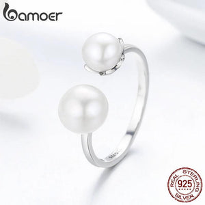 925 Silver Double Shell Pearl Adjustable Ring for Women
