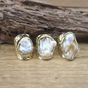 Baroque Pearl Open Ring Adjustable Golden Ring Men Women Jewelry