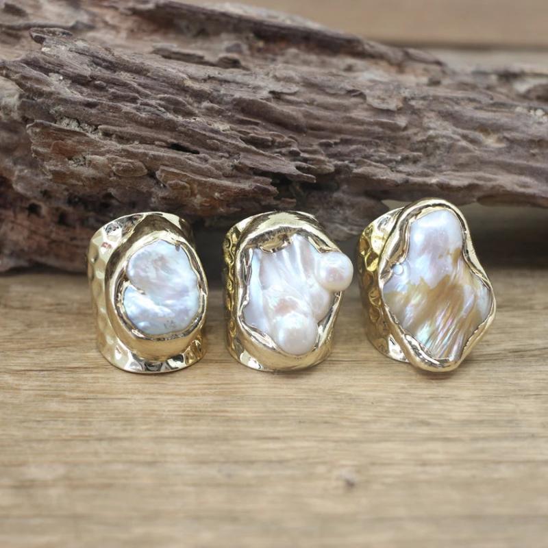 Baroque Pearl Open Ring Adjustable Golden Ring Men Women Jewelry