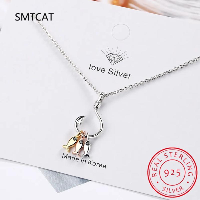 925 Silver Fish Pendant Necklace With Fish Hook Charms S-N376