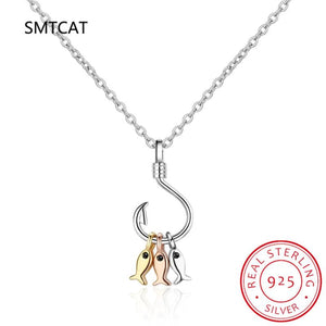 925 Silver Fish Pendant Necklace With Fish Hook Charms S-N376