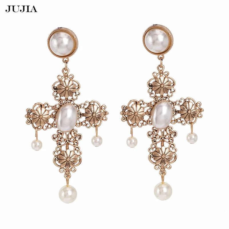Baroque Bohemian Pearl Drop Cross Earrings