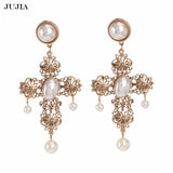 Baroque Bohemian Pearl Drop Cross Earrings