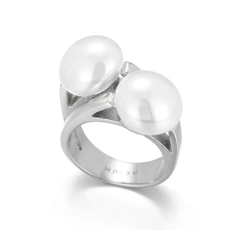 Stainless Steel Double Shell Pearl Wedding Bands Rings Finger Jewelry Gift