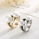 Stainless Steel Double Shell Pearl Wedding Bands Rings Finger Jewelry Gift